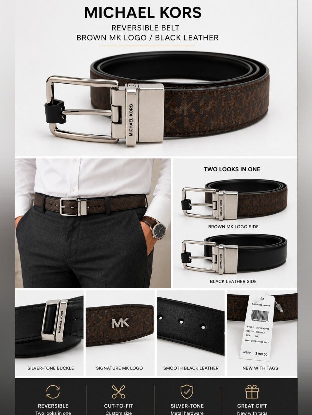 NWT Michael Kors Reversible Cut-to-Fit Belt Brown MK Logo Black Leather